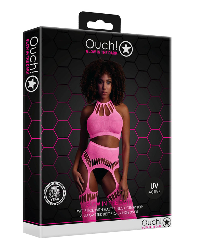 Set cu bustiera, chilot, portjartier și dres - compleu elegant XS-XL (one size), roz neon
